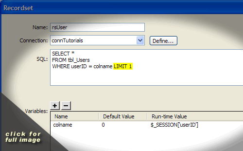 Dreamweaver Advanced recorset window, add "LIMIT 1" to the end of our SQL code.